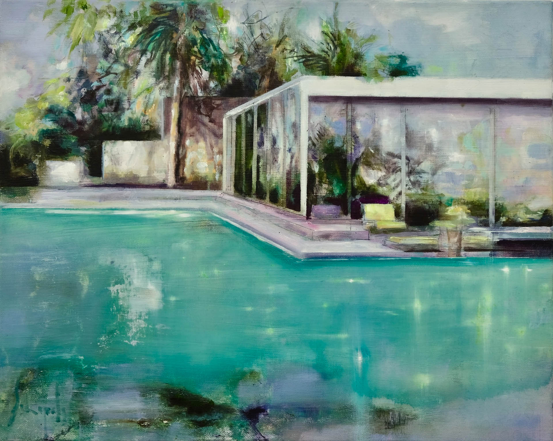 CAROLA SCHAPALS Where the sun plays with the pool 2024 oil on canvas 50x50cm DSCF3569 Kopie